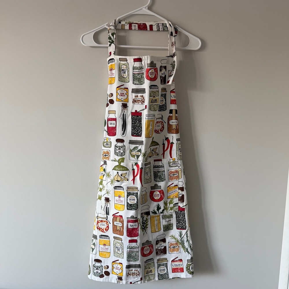 Crate & Barrel "Spice World" Apron White Cotton Spice Jar Motif Colorful Unisex